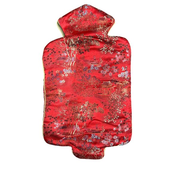 Vintage Red Asian China Silk Hot Water Bottle Cover Gold Floral - Picture 2 of 2